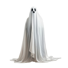 A ghostly figure with a skull on its head is draped in a white sheet Isolated on transparent background, PNG