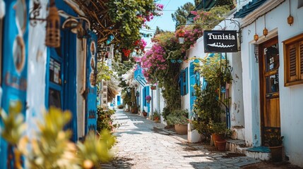 Colorful houses on the street of Tunisia. - obrazy, fototapety, plakaty