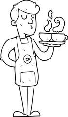 black and white cartoon barista serving coffee