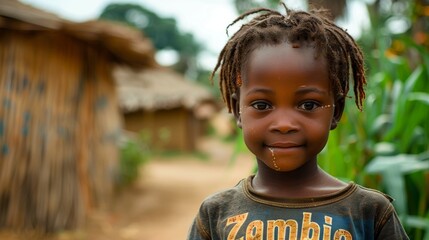 Portrait of a beautiful little African girl in Zambia. - obrazy, fototapety, plakaty