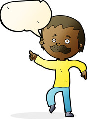 cartoon man with mustache pointing with speech bubble