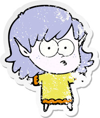 distressed sticker of a cartoon elf girl staring