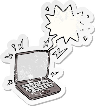 cartoon laptop computer and speech bubble distressed sticker