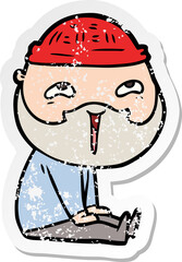 distressed sticker of a cartoon happy bearded man