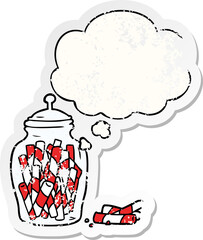 cartoon jar of candy and thought bubble as a distressed worn sticker