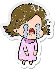 distressed sticker of a cartoon woman crying