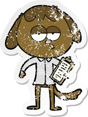 distressed sticker of a cartoon bored dog in office clothes