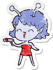 distressed sticker of a cartoon alien girl laughing