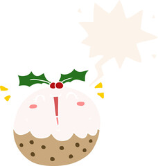 cute cartoon christmas pudding and speech bubble in retro style