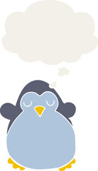 cartoon penguin and thought bubble in retro style