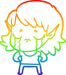 rainbow gradient line drawing cartoon crying elf girl