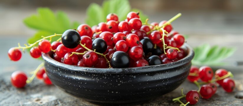 A bowl filled with freshly picked ripe red and black currants ready to be eaten