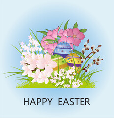 Easter composition with Easter eggs and spring flowers - 751579342