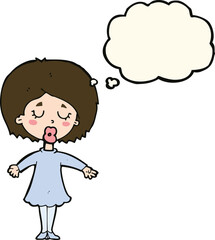 cartoon woman in dress with thought bubble