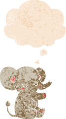 cartoon elephant and thought bubble in retro textured style