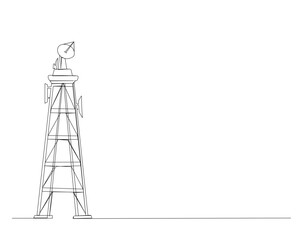 Continuous one line drawing of satellite tower. Communication tower with antena and satellite disc in simple outline illustration. Editable stroke.