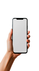 A person is holding a cell phone with a white background Isolated on transparent background, PNG