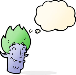 cartoon happy vampire head with thought bubble