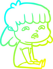 cold gradient line drawing cartoon worried woman