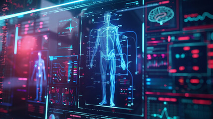 A 3D animators interpretation of a high-tech diagnostics tool that scans the body for potential health issues set against a sleek backdrop background - obrazy, fototapety, plakaty