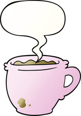 cartoon hot cup of coffee and speech bubble in smooth gradient style