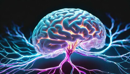 Mózg, system nerwowy wykazujący aktywność elektryczna, komunikujące się ze sobą neurony. Praca mózgu - obrazy, fototapety, plakaty