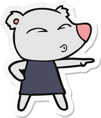 sticker of a cartoon whistling bear in dress