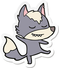 sticker of a friendly cartoon wolf balancing