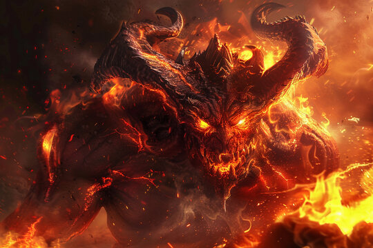 A devil with glowing red eyes and twisted horns standing amidst flames and brimstone in the depths of hell - Powered by Adobe