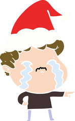 flat color illustration of a man crying wearing santa hat