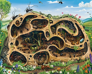 A cross-sectional illustration of an ant nest with intricate tunnels and chambers all teeming with tiny ants going about their daily tasks The backdrop background is a vibrant meadow