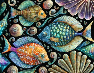 Tapeta lub ilustracja z rybami i muszlami