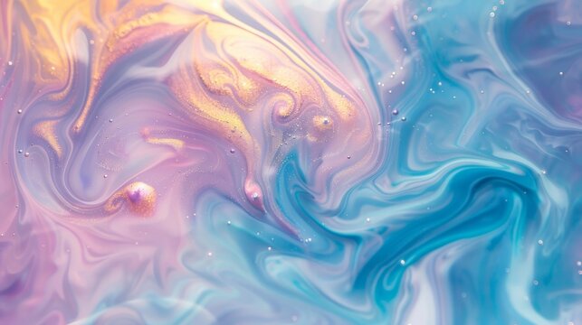 Abstract fluid art background with swirling pink and blue hues. Dreamy pastel liquid pattern with gold accents. Artistic pastel swirls in high resolution for design use.