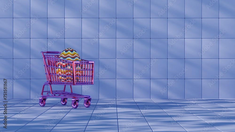 Poster 3d minimalist easter egg design with a retro wave pattern, accompanied by a shopping cart symbolizin