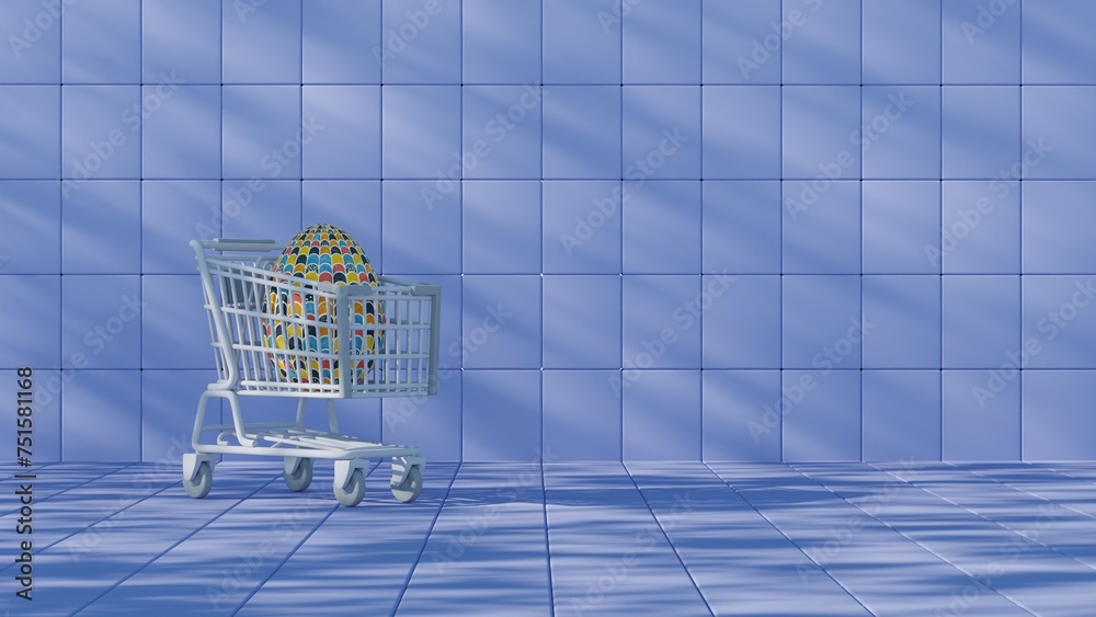 Poster 3d minimalist easter egg design with a retro wave pattern, accompanied by a shopping cart symbolizin
