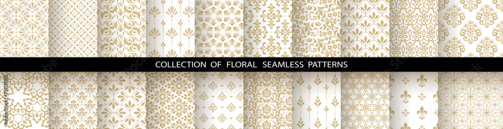 Aufkleber geometric floral set of seamless patterns. white and gold vector backgrounds. damask graphic ornamen