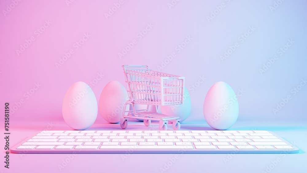 Poster 3d minimalist easter egg design with a retro wave pattern, accompanied by a shopping cart symbolizin