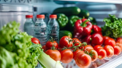 Fresh vegetables in a refrigerator shelf. Healthy food storage in fridge with tomatoes and greens. Organized refrigerator interior with fresh produce.