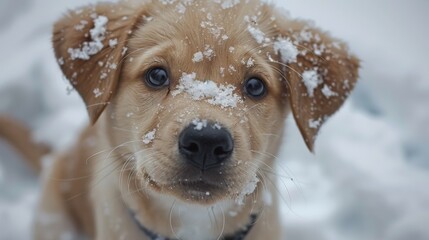 A close-up of a golden retriever puppy with snowflakes on its fur and face. Golden retriever puppy enjoying first snow experience. Close-up of snowy dog face in winter wonderland.