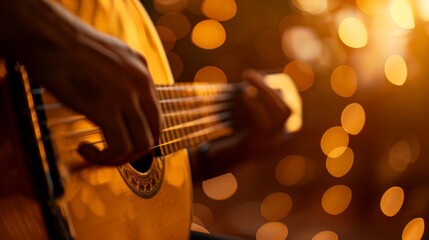 Guitarist playing at sunset. Close-up of guitar strings during golden hour. Musician strumming chords in evening light. - obrazy, fototapety, plakaty