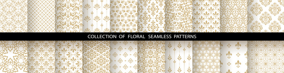 Geometric floral set of seamless patterns. White and gold vector backgrounds. Damask graphic ornaments