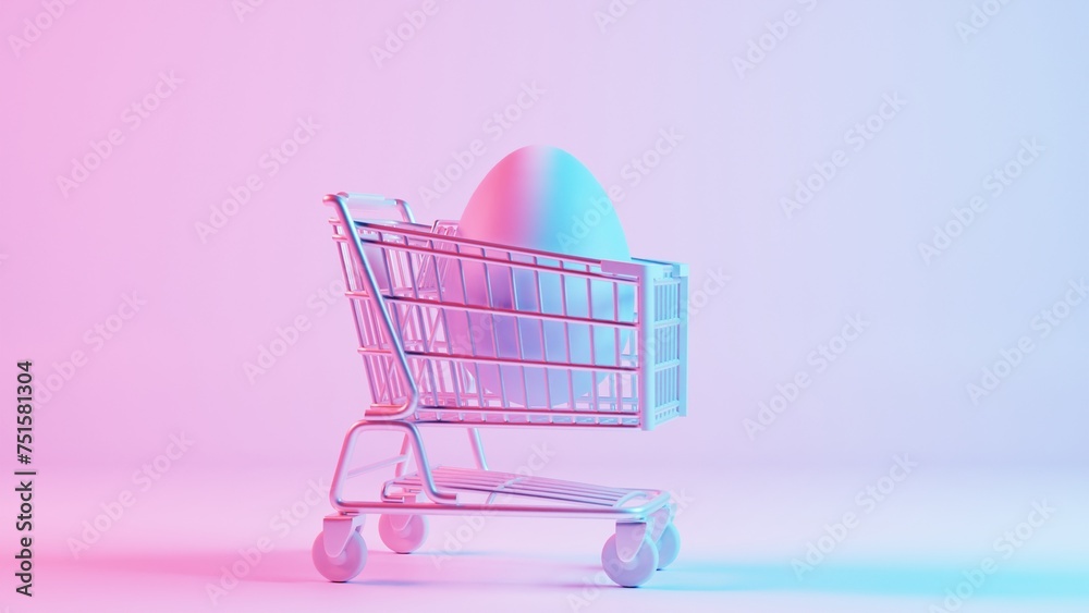 Poster 3d minimalist easter egg design with a retro wave pattern, accompanied by a shopping cart symbolizin
