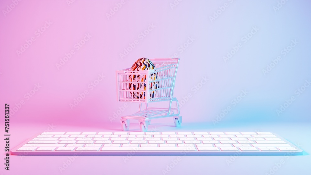 Poster 3d minimalist easter egg design with a retro wave pattern, accompanied by a shopping cart symbolizin