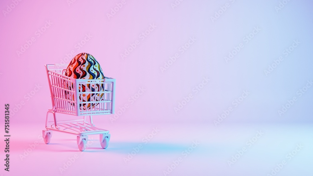 Poster 3d minimalist easter egg design with a retro wave pattern, accompanied by a shopping cart symbolizin