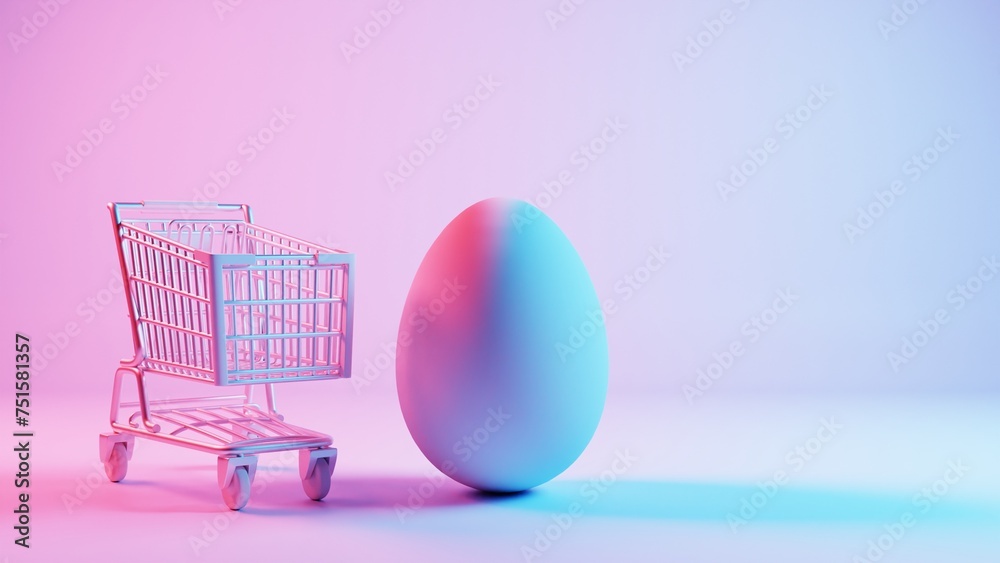 Poster 3d minimalist easter egg design with a retro wave pattern, accompanied by a shopping cart symbolizin