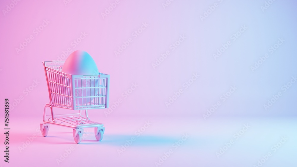 Poster 3d minimalist easter egg design with a retro wave pattern, accompanied by a shopping cart symbolizin