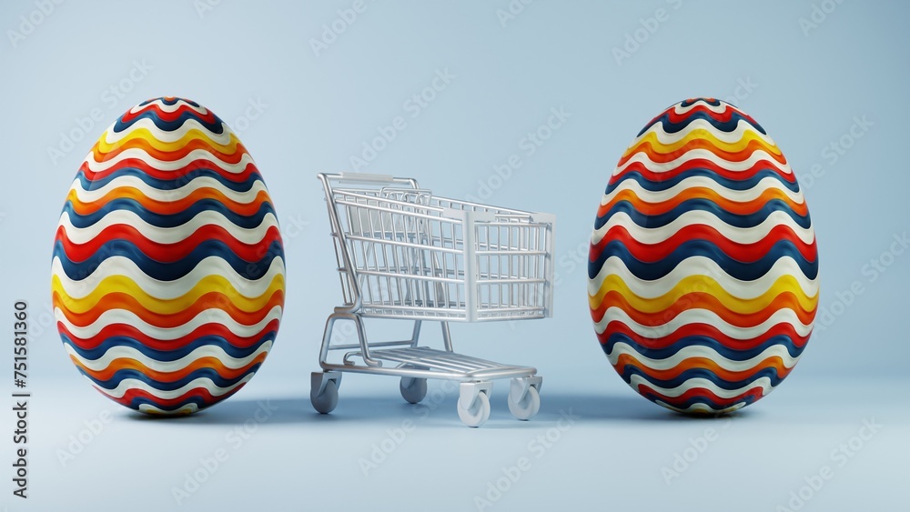 Poster 3d minimalist easter egg design with a retro wave pattern, accompanied by a shopping cart symbolizin