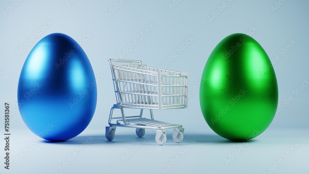 Poster 3d minimalist easter egg design with a retro wave pattern, accompanied by a shopping cart symbolizin