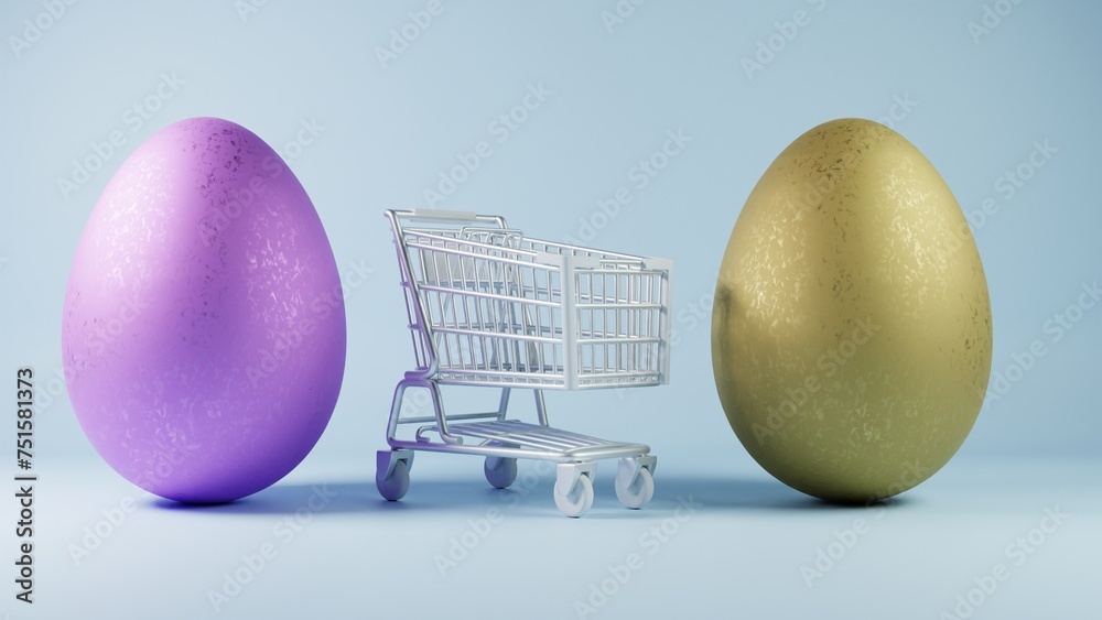 Poster 3d minimalist easter egg design with a retro wave pattern, accompanied by a shopping cart symbolizin