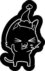cartoon icon of a cat hissing wearing santa hat